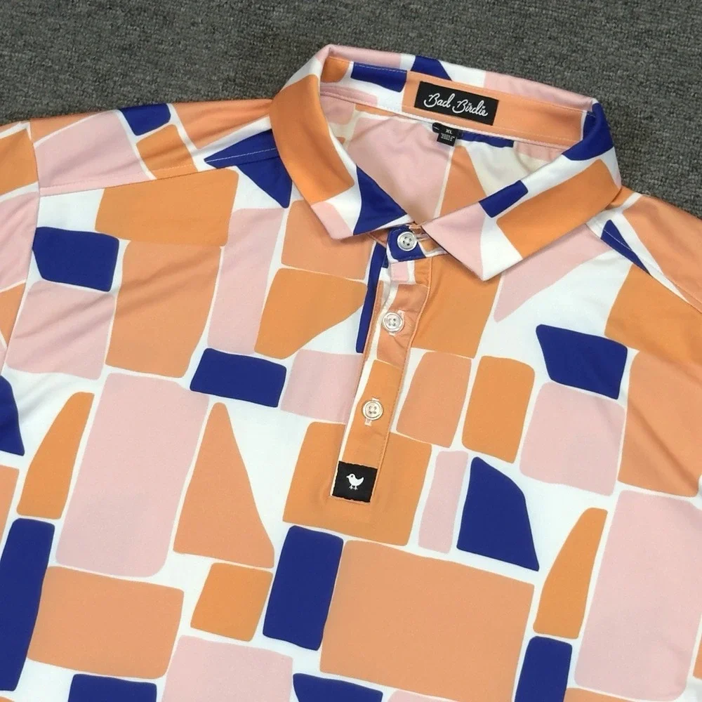 Bad Birdie Catalina 4 Way Stretch Golf Polo Shirt Geometric Orange Men's XL